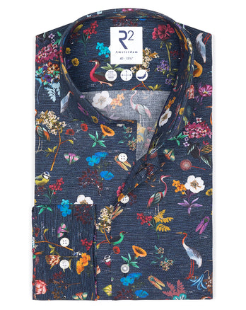 Floral bird print stretch shirt 073 - Multicolour