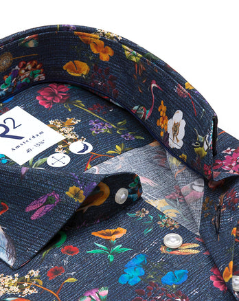 Floral bird print stretch shirt 073 - Multicolour