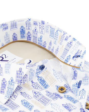 Chemise en coton imprimé maisons d'Amsterdam 014 - Blue