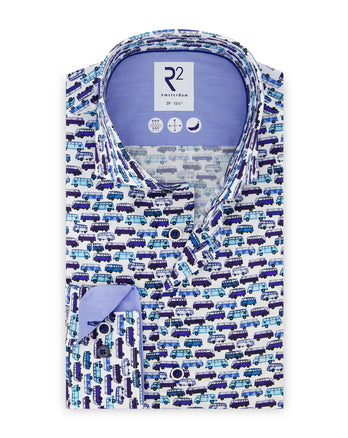 Extra long sleeves. Iconic van print cotton shirt 014 - Blue