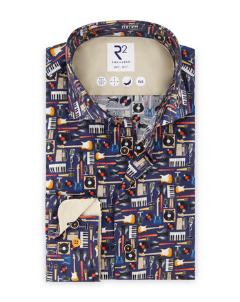 Manches extra longues. Chemise en coton imprimée d'instruments de musique 010 - Navy