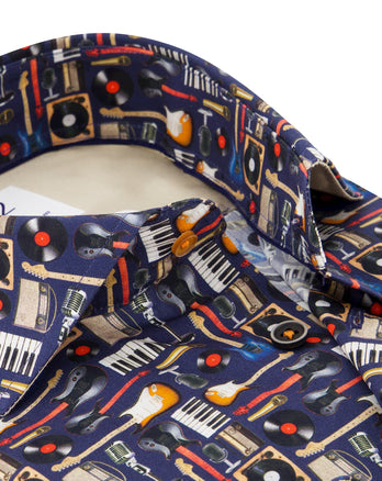 Manches extra longues. Chemise en coton imprimée d'instruments de musique 010 - Navy
