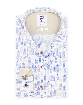 Extra lange Ärmel. Baumwollhemd mit Amsterdamer Häuserdruck 014 - Blue
