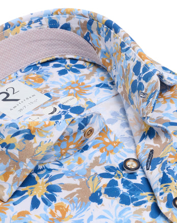 Extra long sleeves. Floral print knitted piquet shirt 014 - Blue