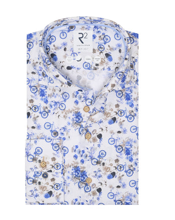 Extra lange mouwen. Fietsprint linnen overhemd 014 - Blue