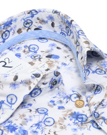 Extra lange mouwen. Fietsprint linnen overhemd 014 - Blue