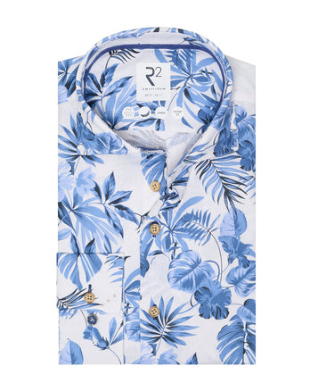 Extra lange mouwen. Tropische print linnen overhemd 014 - Blue