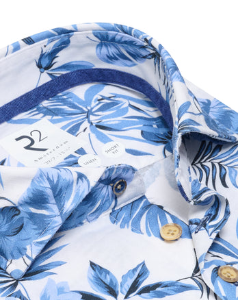 Extra lange mouwen. Tropische print linnen overhemd 014 - Blue