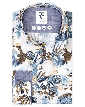 Manches extra longues. Chemise en stretch imprimé floral 014 - Blue