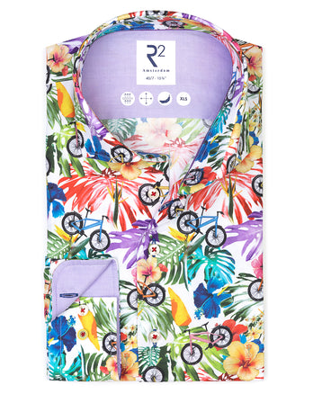Extra long sleeves. Floral bicycle print cotton shirt 073 - Multicolour