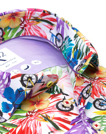 Extra long sleeves. Floral bicycle print cotton shirt 073 - Multicolour