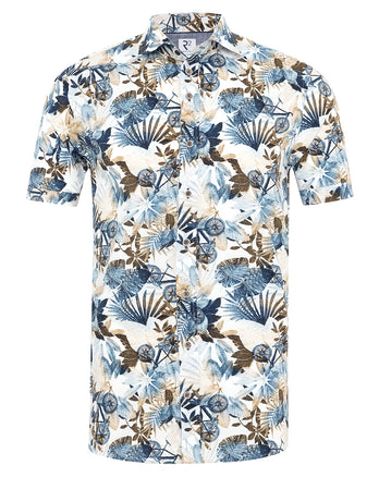 Short-sleeve floral bicycle print stretch shirt 014 - Blue