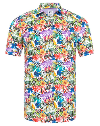 Short-sleeve floral bicycle print cotton shirt 073 - Multicolour