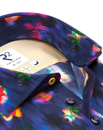 Short-sleeve floral bicycle print stretch shirt 073 - Multicolour