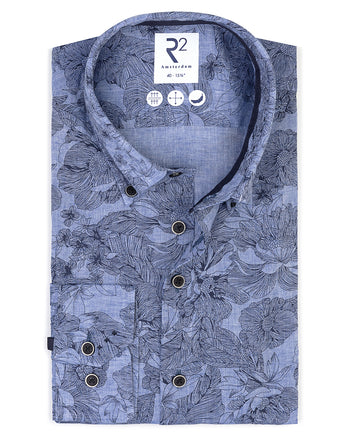 Chemise en lin mélangé à imprimé floral 014 - Blue