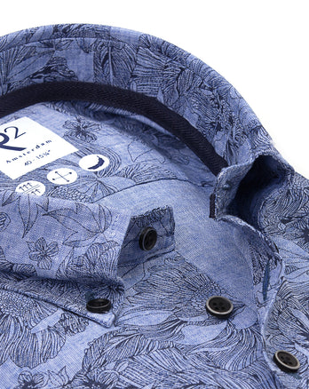Chemise en lin mélangé à imprimé floral 014 - Blue