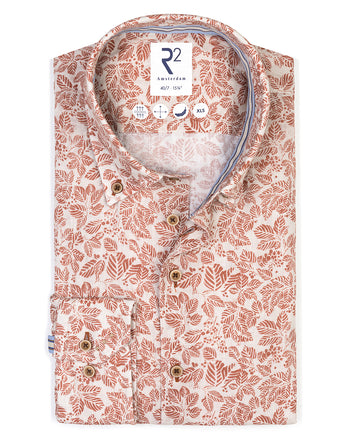 Manches extra longues. Chemise en lin imprimé feuilles 090 - Brique