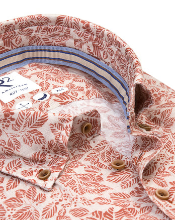 Manches extra longues. Chemise en lin imprimé feuilles 090 - Brique