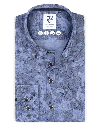 Extra long sleeves. Floral print linen blend shirt 014 - Blue