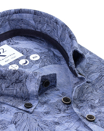 Extra long sleeves. Floral print linen blend shirt 014 - Blue