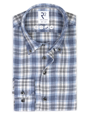 Extra lange mouwen. Geruit linnen overhemd 014 - Blue