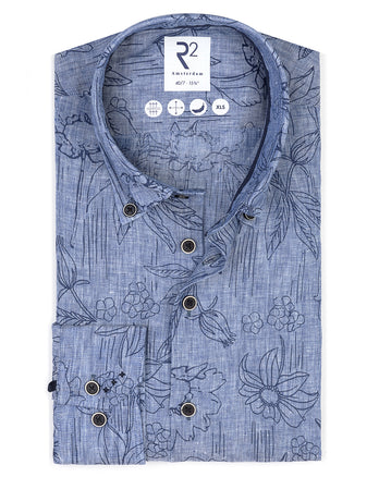 Manches extra longues. Chemise en lin à imprimé floral 014 - Blue