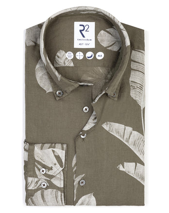 Extra lange mouwen. Bloemenprint linnen overhemd 074 - Green