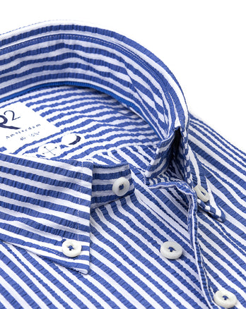 Short-sleeve striped seersucker cotton shirt 014 - Blue