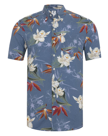 Short-sleeve floral print seersucker cotton shirt 073 - Multicolour