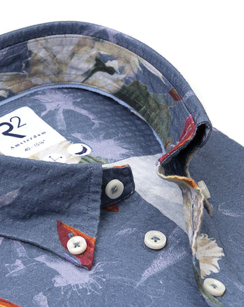 Short-sleeve floral print seersucker cotton shirt 073 - Multicolour