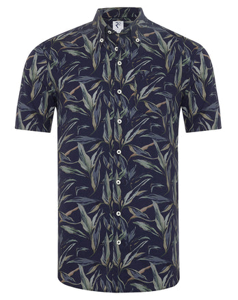 Short-sleeve floral print cotton shirt 010 - Navy
