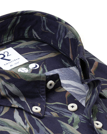 Short-sleeve floral print cotton shirt 010 - Navy