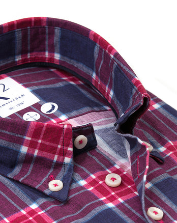 Geruit stretchshirt met korte mouwen 086 - Fuchsia