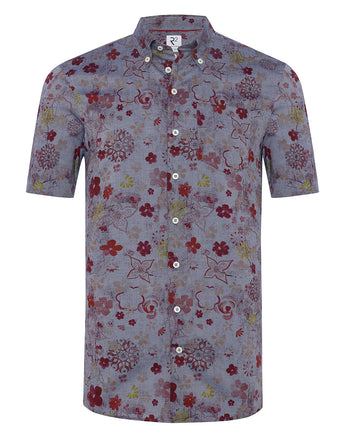 Short-sleeve floral print cotton shirt 016 - Denim blue