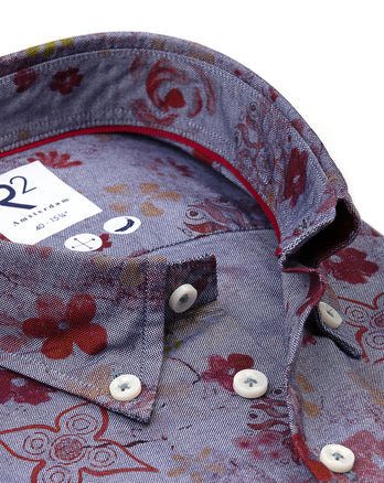 Short-sleeve floral print cotton shirt 016 - Denim blue