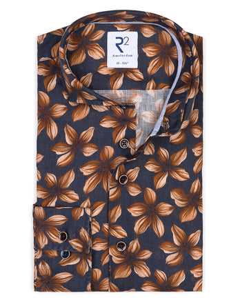 Blumendruck Leinenhemd 041 - Brown