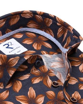 Blumendruck Leinenhemd 041 - Brown