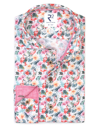 Flamingo print linen blend shirt 073 - Multicolour
