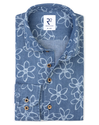 Bloemenprint denim overhemd 016 - Denim blue