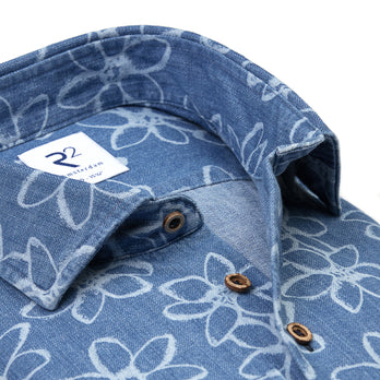 Floral print denim shirt 016 - Denim blue