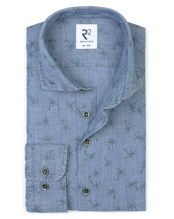 Bloemenprint denim overhemd 016 - Denim blue