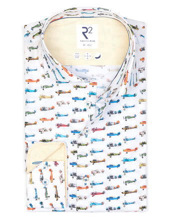 Extra lange Ärmel. Flugzeug-Print Baumwollhemd 073 - Multicolour