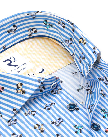 Extra long sleeves. Striped Italian scooter print coton shirt 018 - Light blue