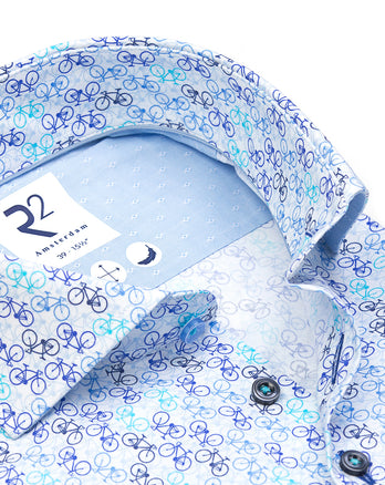 Extra lange Ärmel. Rennrad-Print Baumwollhemd 014 - Blue