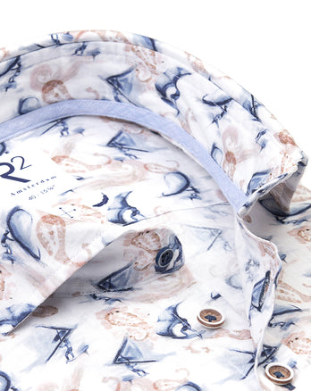 Korte mouwen surfprint linnenmix overhemd 014 - Blue