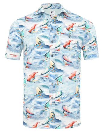 Korte mouwen surfprint stretch overhemd 014 - Blue