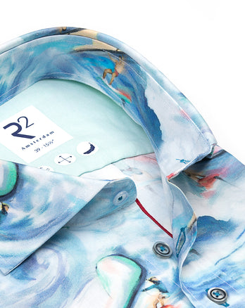Korte mouwen surfprint stretch overhemd 014 - Blue