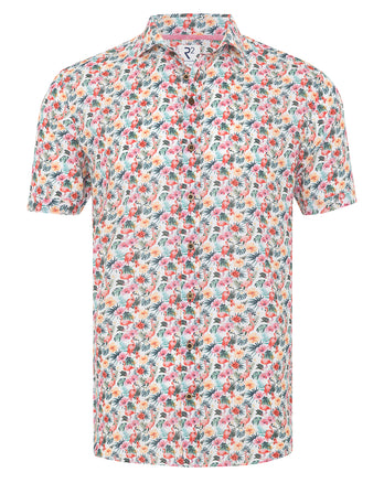 Chemise à manches courtes en lin mélangé imprimé flamant rose 073 - Multicolour