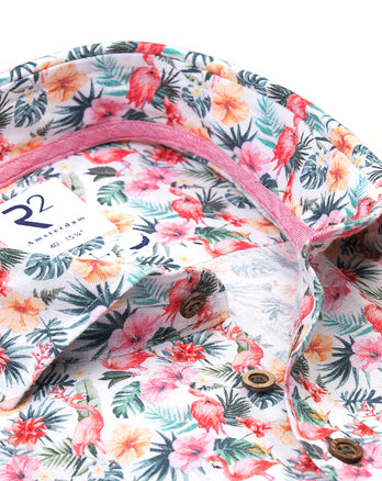 Chemise à manches courtes en lin mélangé imprimé flamant rose 073 - Multicolour
