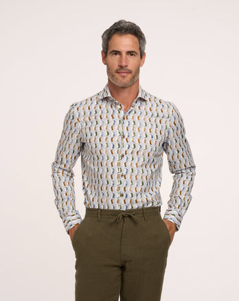 Visgraat print katoenen shirt 014 - Blue